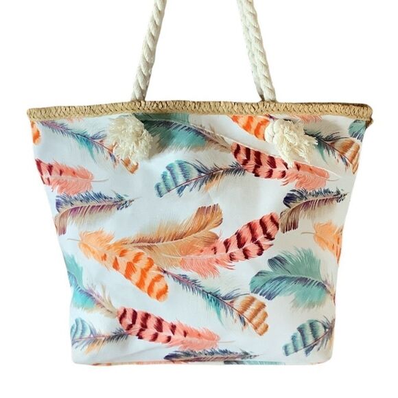 None Handbags - Feather Print Rope Handle Boho Zippered Tote